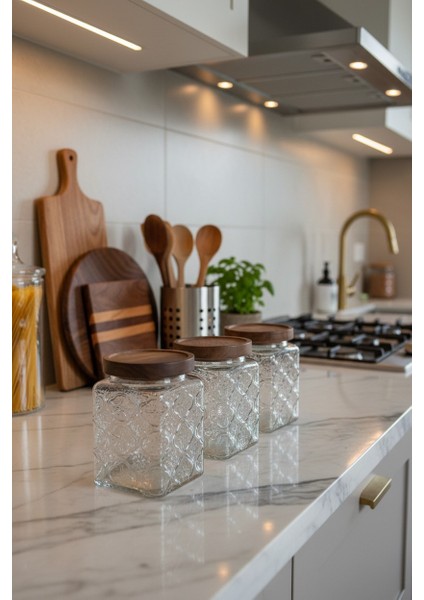 Akasya Kapaklı 3’lü Cam Saklama Kabı Seti – Vakumlu Kapak, Desenli Kare Kavanoz fiyatları