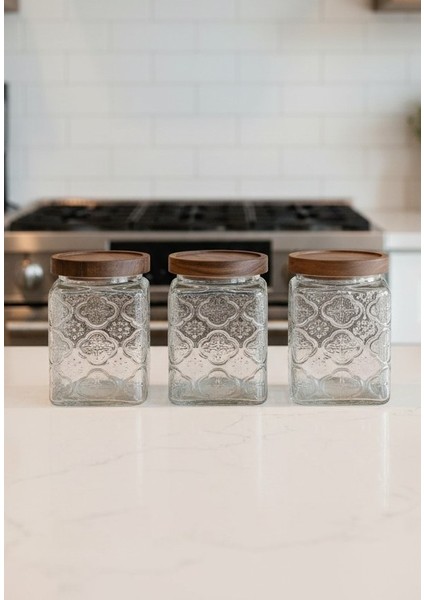 Akasya Kapaklı 3’lü Cam Saklama Kabı Seti – Vakumlu Kapak, Desenli Kare Kavanoz modelleri