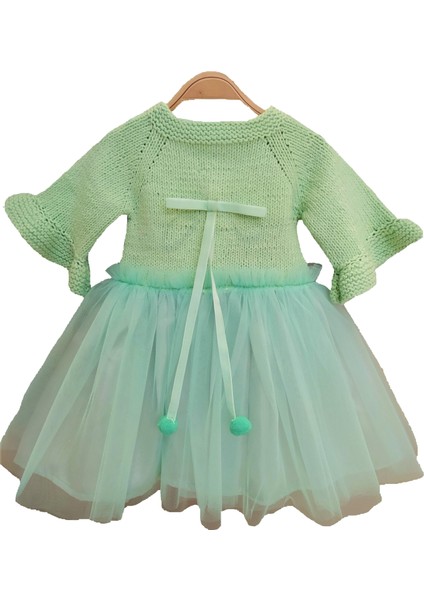 El Örgüsü %100 Pamuk Yeşil Uzun Kol Doğumgünü Elbise Tütü