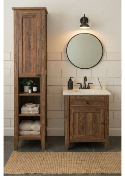 Banyo Dolabı Boy Dolabı-Ayaklı Tek Kapaklı-Doğal Ahşap Ladin Çam Rustik Ceviz-Boy Dolabı