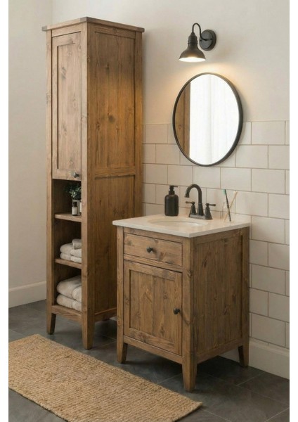 Banyo Dolabı Boy Dolabı-Ayaklı Tek Kapaklı-Doğal Ahşap Ladin Çam Rustik Ceviz-Boy Dolabı fiyatları