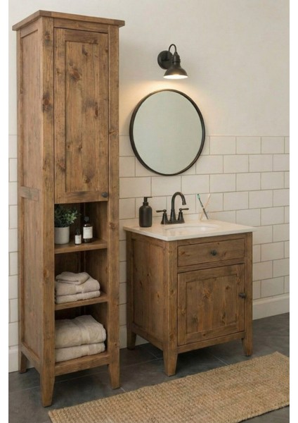 Banyo Dolabı Boy Dolabı-Ayaklı Tek Kapaklı-Doğal Ahşap Ladin Çam Rustik Ceviz-Boy Dolabı modelleri