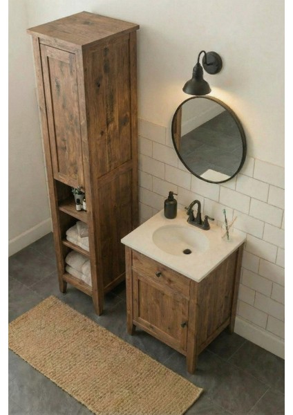 Banyo Dolabı Boy Dolabı-Ayaklı Tek Kapaklı-Doğal Ahşap Ladin Çam Rustik Ceviz-Boy Dolabı fırsatları