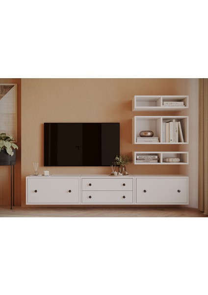 2 Kapak 2 Çekmeceli Minimal Televizyon Konsolu | Çok Bölmeli Modüler Tv Ünitesi KBR-TVT-1009