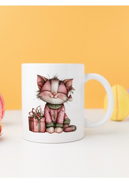 Yılbaşı Kedili Baskılı-Hediyelik Seramik Kupa Bardak Model 27