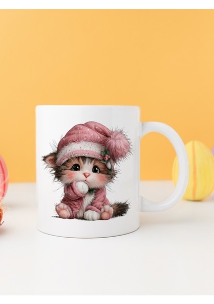 Yılbaşı Kedili Baskılı-Hediyelik Seramik Kupa Bardak Model 3