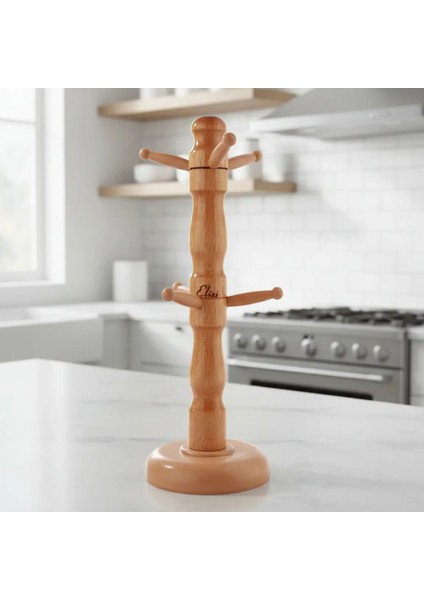 6'lı Ahşap Gövdeli Fincan Askılığı & Kupa Standı | Dekoratif Mutfak Rafı Organizeri