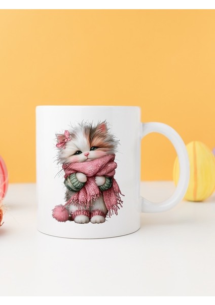 Yılbaşı Kedili Baskılı-Hediyelik Seramik Kupa Bardak Model 2