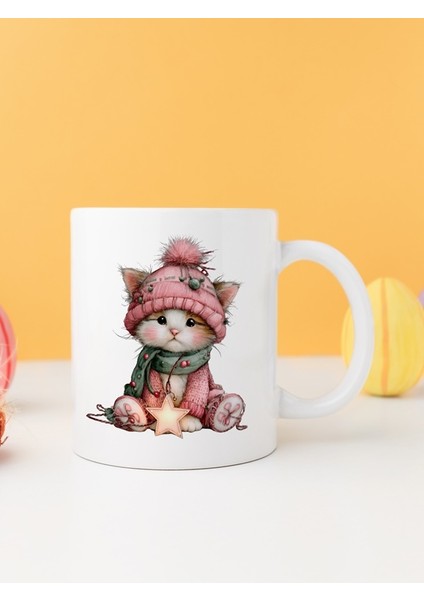 Yılbaşı Kedili Baskılı-Hediyelik Seramik Kupa Bardak Model 21