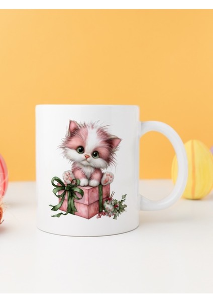 Yılbaşı Kedili Baskılı-Hediyelik Seramik Kupa Bardak Model 18