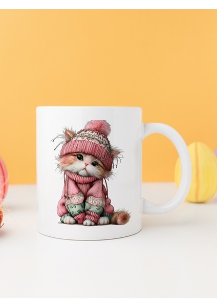 Yılbaşı Kedili Baskılı-Hediyelik Seramik Kupa Bardak Model 7