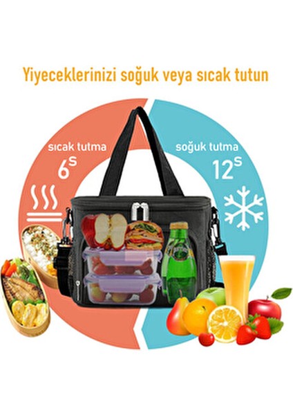 Lt Sıcak ve Soğuk Termal Yemek Taşıma Çantası 10L Kapasiteli Aksesuar Siyah Renk
