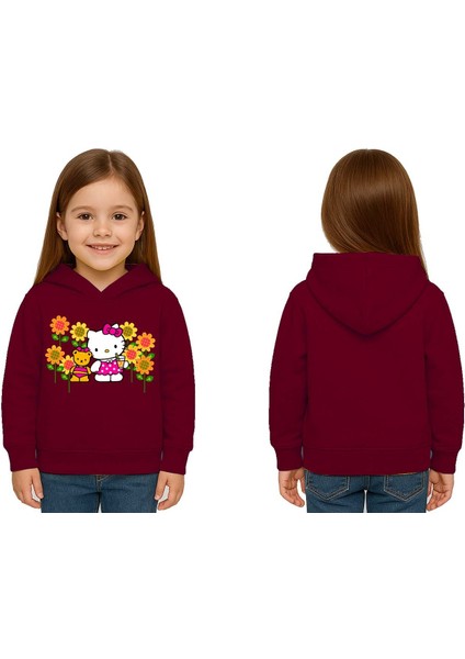 Unisex Hello Kity Baskılı Çocuk Swaetshirt Baskılı Kapüşonlu 3 Iplik Şardonlu