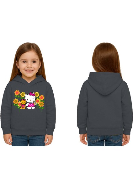 Unisex Hello Kity Baskılı Çocuk Swaetshirt Baskılı Kapüşonlu 3 Iplik Şardonlu