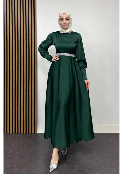 Bel Taş Detaylı Kolu Manşetli Abiye- Zümrüt