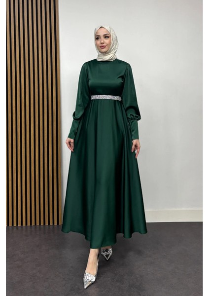 Bel Taş Detaylı Kolu Manşetli Abiye- Zümrüt fiyatları