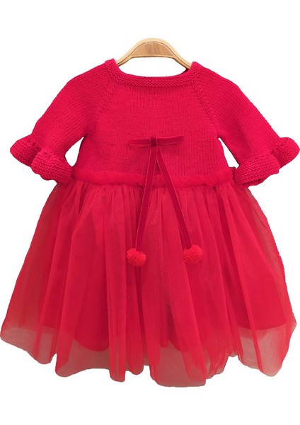 El Örgüsü %100 Pamuk Kırmızı Uzun Kol Doğumgünü Elbise Tütü