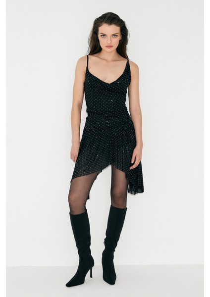 Mıento Kadın Asimetrik Kesim Tül Üzeri Taş Detaylı Içi Şort Astarlı Şık Mini Siyah Etek