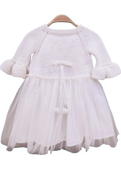 El Örgüsü %100 Pamuk Ekru Uzun Kol Doğumgünü Elbise Tütü