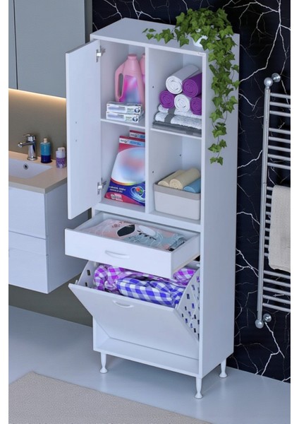 Liora Beyaz Çok Amaçlı Banyo Dolabı 55 cm Genişliğe Sahip 55X171X32,5 cm Tek Sepetli 2 Raflı Dolap