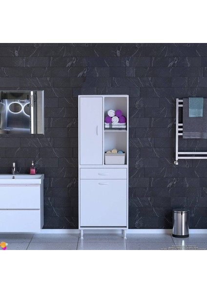 Liora Beyaz Çok Amaçlı Banyo Dolabı 55 cm Genişliğe Sahip 55X171X32,5 cm Tek Sepetli 2 Raflı Dolap modelleri