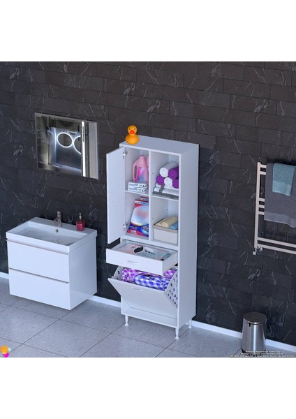 Liora Beyaz Çok Amaçlı Banyo Dolabı 55 cm Genişliğe Sahip 55X171X32,5 cm Tek Sepetli 2 Raflı Dolap indirimleri