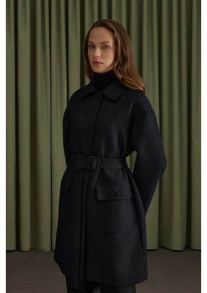 Siyah Seyyar Kemerli Tweed Kap