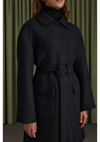 Siyah Seyyar Kemerli Tweed Kap fırsatları