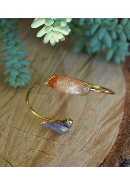 Doğal Taş Sitrin ve Ametis Ayarlanabilir Helen Bileklik