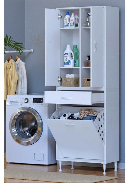 Wall Beyaz Banyo Dolabı 60 cm Tek Göz Bölmeli Sepet 60X171X32,5 cm 4 Raflı Mutfak/banyo Dolabı