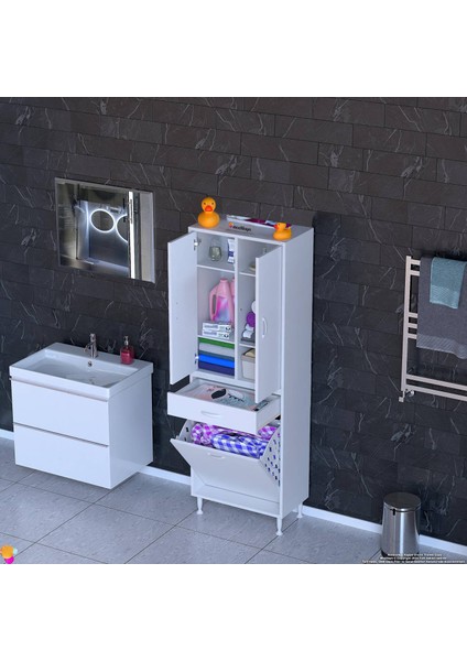 Wall Beyaz Banyo Dolabı 60 cm Tek Göz Bölmeli Sepet 60X171X32,5 cm 4 Raflı Mutfak/banyo Dolabı indirimleri