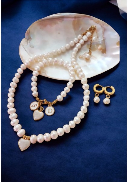 Sertifikalı 8-9 mm Gerçek Inci Kolye Bileklik Küpe Set Kalp ve Harf Charmlı