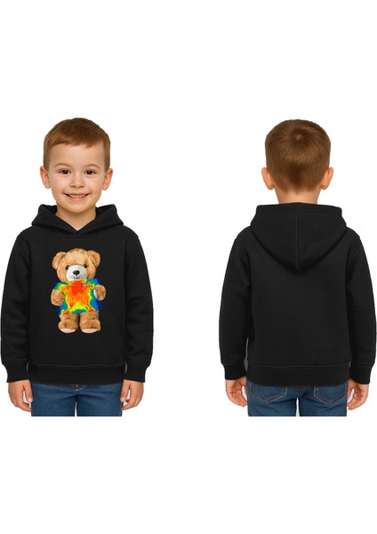 Unisex Ayıcık Bear Baskılı Çocuk Kapşonlu Swaetshirt 3 Iplik Şardonlu