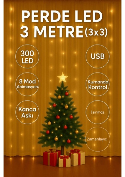 Uzaktan Kumandalı Perde LED Işık | 300 LED | 8 Fonksiyon | 10 Sarkıt | 3x3 Metre