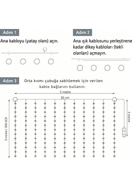 Uzaktan Kumandalı Perde LED Işık | 300 LED | 8 Fonksiyon | 10 Sarkıt | 3x3 Metre indirimleri