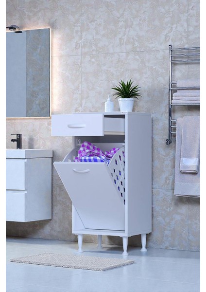 Asil 35 cm Kirli Çamaşır Sepetli Banyo Dolabı 1 Çekmeceli Mutfak Çok Amaçlı Dolap 35X88X32,5 cm