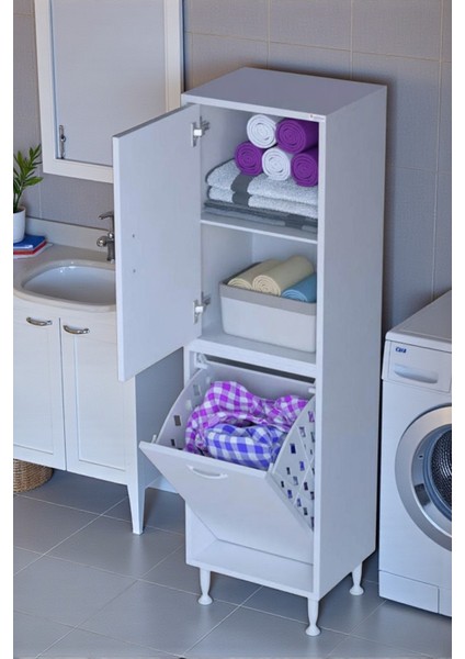 Miretta Üst Bölme Kapaklı Altı Kirli Sepetli Dolap 35 cm Genişlik Beyaz 35X138X32,5 cm Dolap