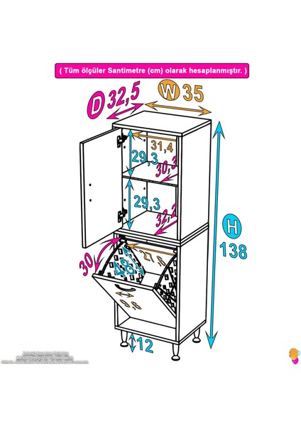 Miretta Üst Bölme Kapaklı Altı Kirli Sepetli Dolap 35 cm Genişlik Beyaz 35X138X32,5 cm Dolap fiyatları