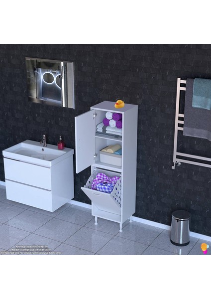 Miretta Üst Bölme Kapaklı Altı Kirli Sepetli Dolap 35 cm Genişlik Beyaz 35X138X32,5 cm Dolap modelleri