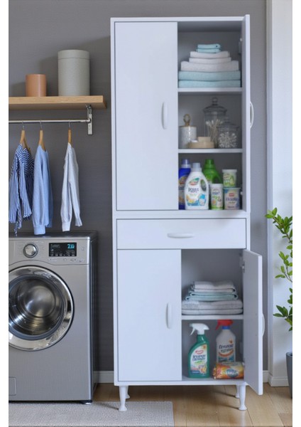 Luma Kapaklı & Çekmeceli Banyo Dolabı 60 cm Genişlikte Beyaz Dolap 60X173X32,5 cm Depolama Dolabı