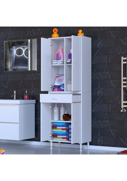 Luma Kapaklı & Çekmeceli Banyo Dolabı 60 cm Genişlikte Beyaz Dolap 60X173X32,5 cm Depolama Dolabı fırsatları