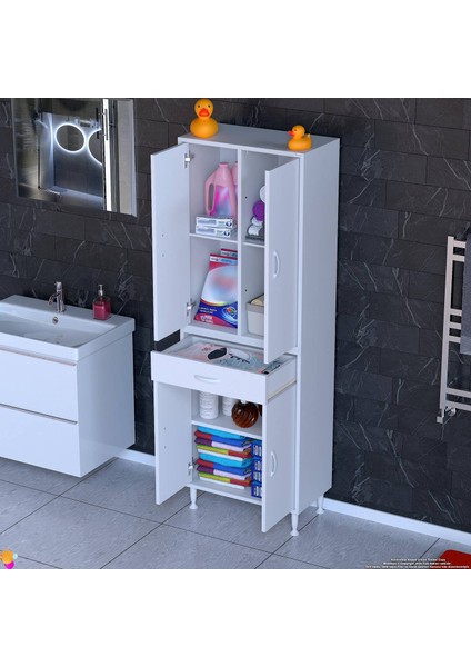 Luma Kapaklı & Çekmeceli Banyo Dolabı 60 cm Genişlikte Beyaz Dolap 60X173X32,5 cm Depolama Dolabı indirimleri