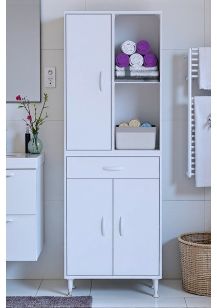 Vellum Beyaz Dolap 55X173X32,5 cm Ebatlarında Çok Fonksiyonlu 55 cm Genişlikte Banyo Dolabı