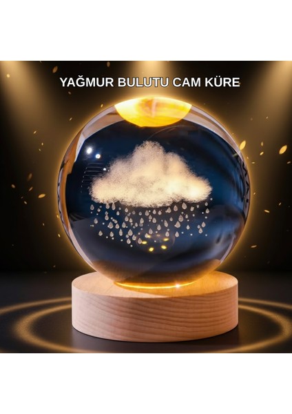 LED Sıcak Işıklı 3D Bulut Figürlü Kristal Küre Ahşap Standlı Gece Lambası