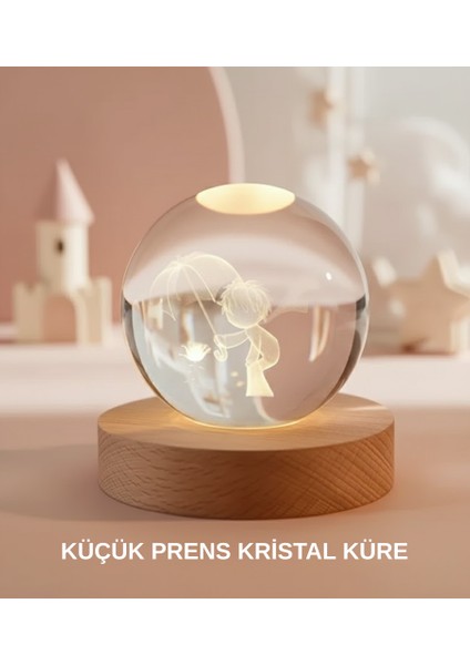 Küçük Prens Figürlü 3D Kristal Top Sıcak Işıklı USB Ahşap Tabanlı Dekor Lamba