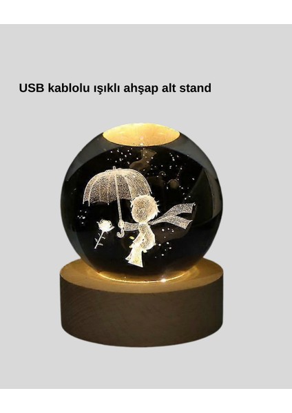 Küçük Prens Figürlü 3D Kristal Top Sıcak Işıklı USB Ahşap Tabanlı Dekor Lamba fırsatları
