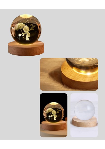 Küçük Prens Figürlü 3D Kristal Top Sıcak Işıklı USB Ahşap Tabanlı Dekor Lamba indirimleri