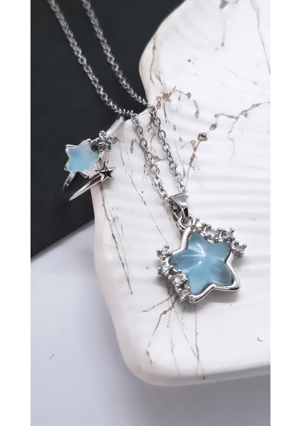 Kadife Kutulu Yıldız Figürlü Çelik Kolye Yüzük Set