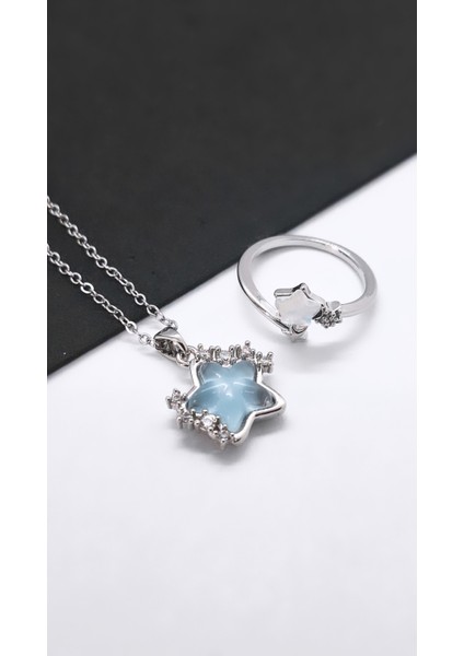 Kadife Kutulu Yıldız Figürlü Çelik Kolye Yüzük Set modelleri