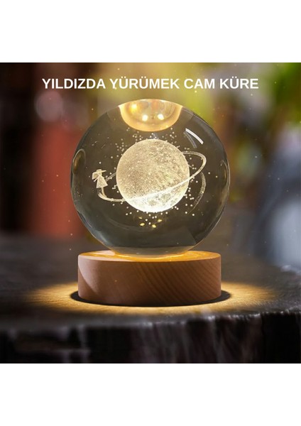 Sarı Işıklı Dekoratif Cam Küre Kız Figürlü Ahşap Standlı